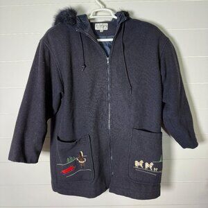 La Mode Super Made in Canada Winter Coat Fur Trimmed Hood Navy Embroidered SZ L